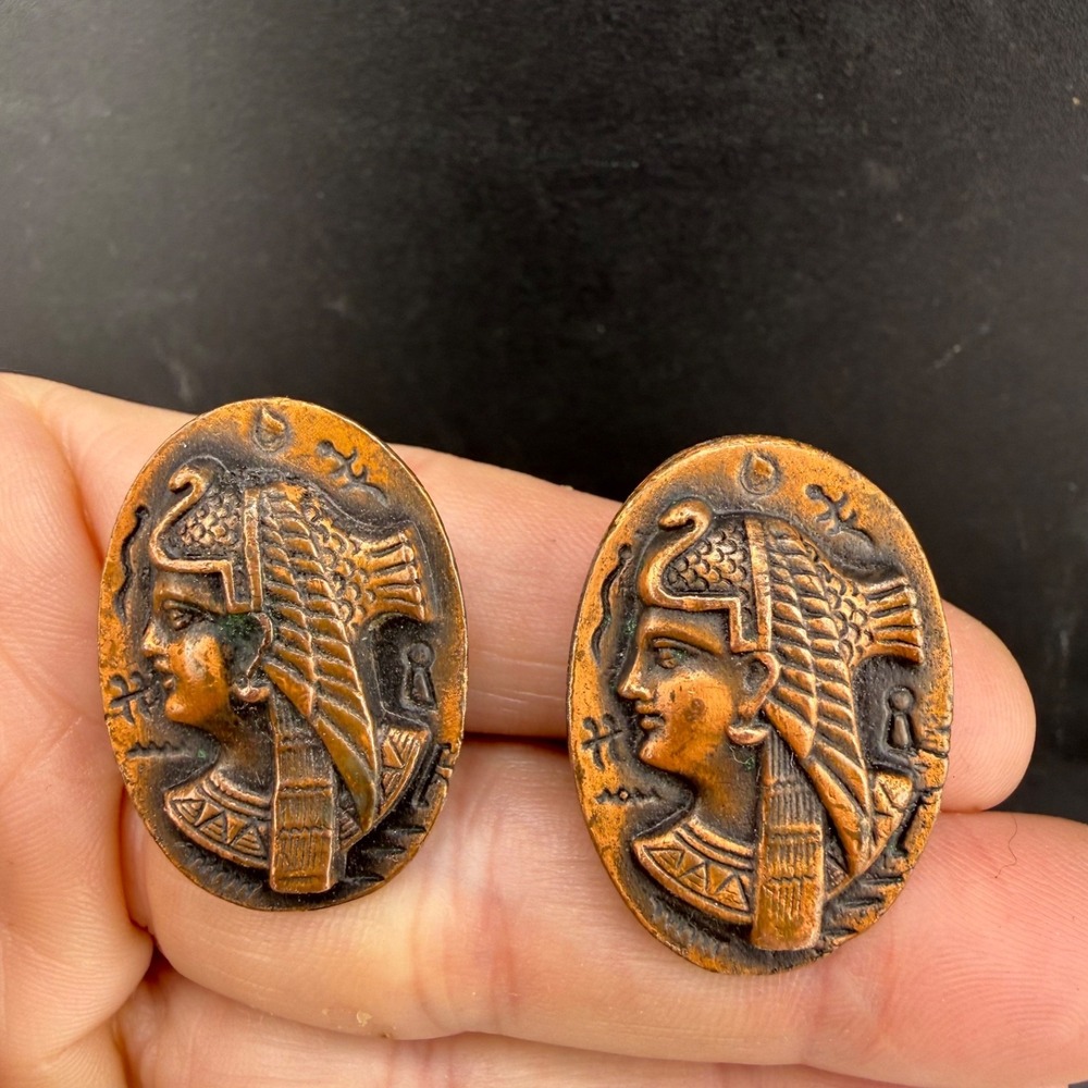 Vintage Estate Clip On Earrings Copper Egyptian Revival Cleopatra Oval
